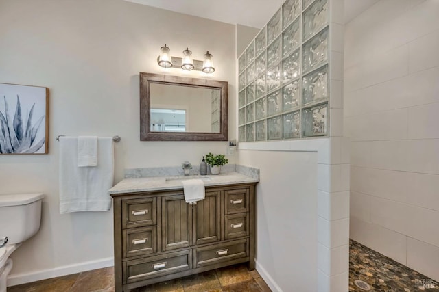 bathroom with vanity, toilet, and walk in shower