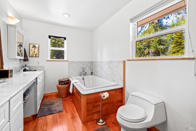 31026 Albion Ridge L Rd, Albion, CA 95410 - bathroom with vanity, wood-type flooring, a washtub, and a wealth of natural light