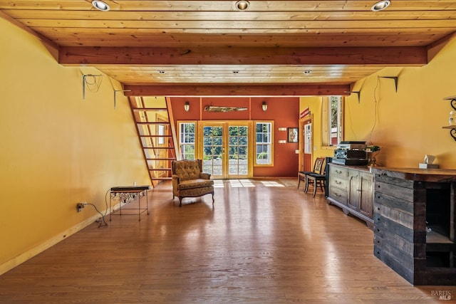 31026 Albion Ridge L Rd, Albion, CA 95410 - living area featuring french doors, wood ceiling, hardwood / wood-style flooring, and beamed ceiling