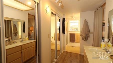 bathroom with vanity, wood-type flooring, and an enclosed shower