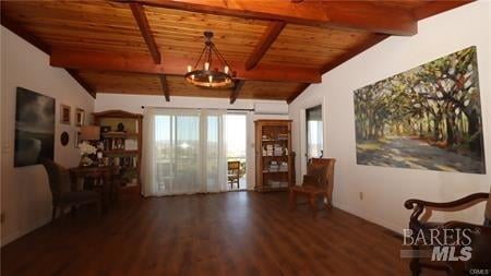 unfurnished room with wood ceiling, lofted ceiling with beams, a notable chandelier, and dark hardwood / wood-style flooring