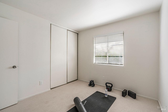 exercise area featuring light carpet