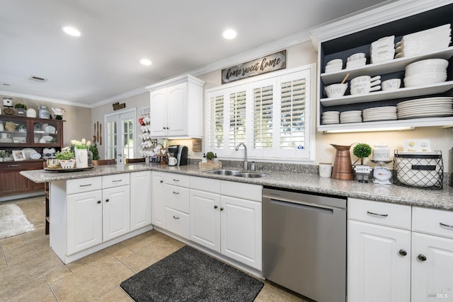 kitchen featuring crown molding, sink, stainless steel dishwasher, white cabinetry, and kitchen peninsula