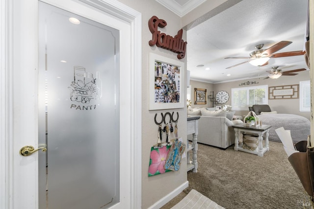 interior space with carpet flooring, ceiling fan, ornamental molding, and a textured ceiling