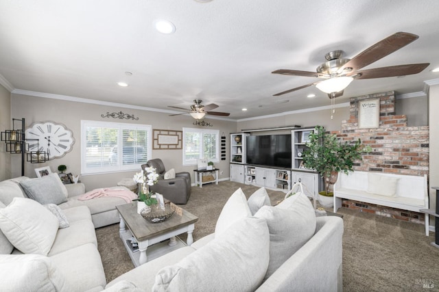 living room featuring crown molding, recessed lighting, carpet flooring, baseboards, and ceiling fan