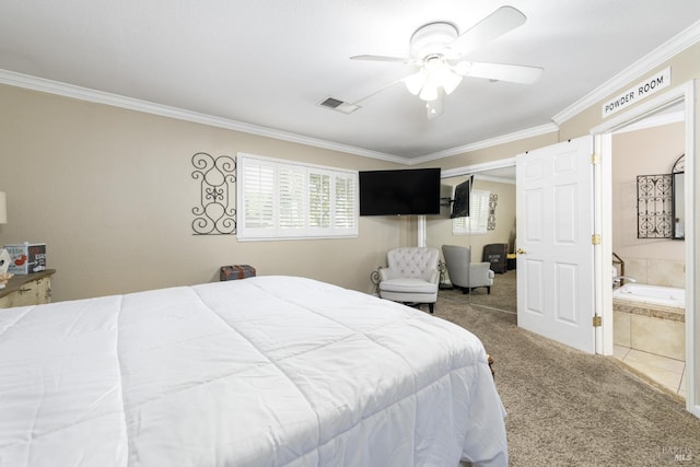 bedroom with carpet floors, ornamental molding, visible vents, and a ceiling fan