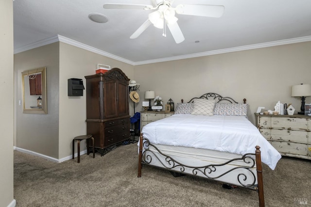 bedroom featuring carpet, ceiling fan, and crown molding