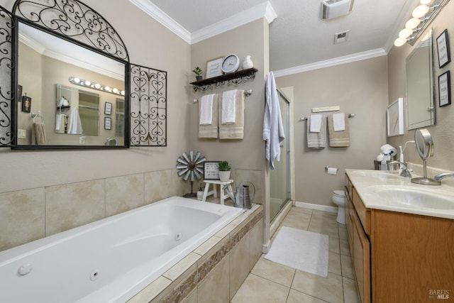 full bathroom with vanity, tile patterned floors, crown molding, toilet, and independent shower and bath