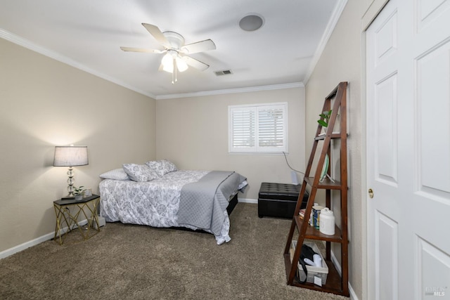 carpeted bedroom featuring ceiling fan and ornamental molding