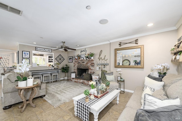 living room with a fireplace, ceiling fan, and ornamental molding