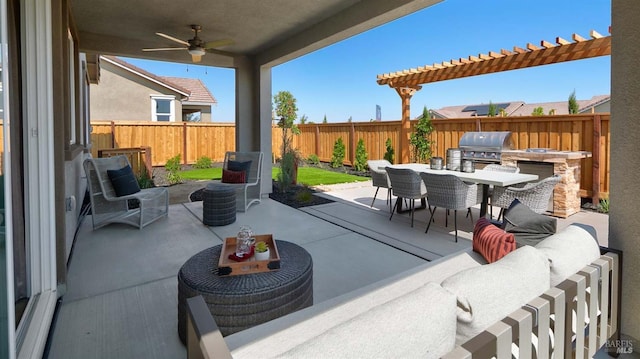 view of patio / terrace with an outdoor hangout area, a grill, and ceiling fan