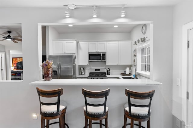 kitchen with a peninsula, appliances with stainless steel finishes, a sink, and white cabinets