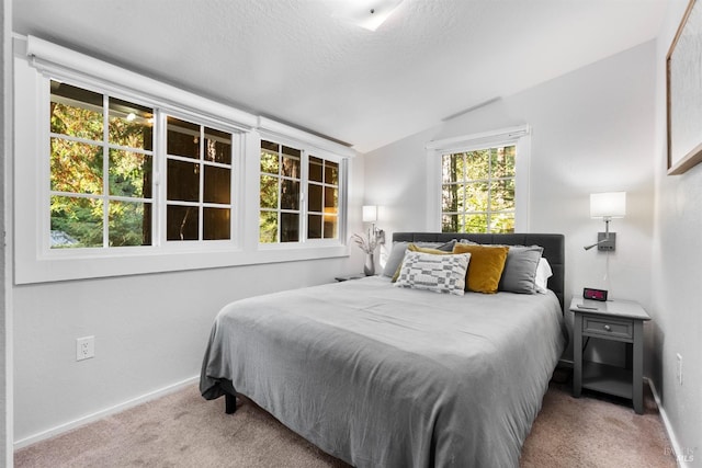 bedroom featuring lofted ceiling, a textured ceiling, carpet flooring, and baseboards