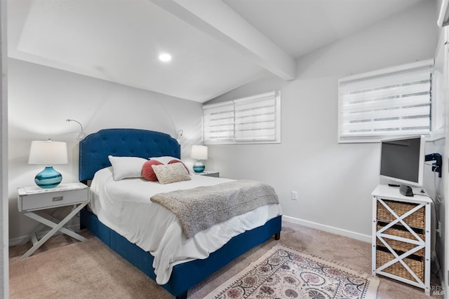 bedroom featuring vaulted ceiling with beams, carpet, baseboards, and recessed lighting