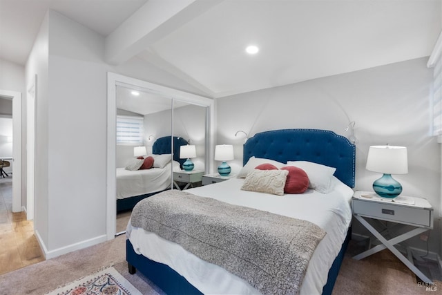 carpeted bedroom with lofted ceiling with beams, recessed lighting, and baseboards