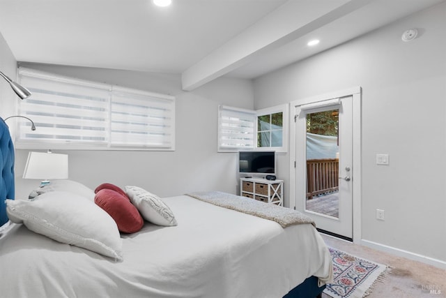 carpeted bedroom with access to outside, baseboards, beam ceiling, and recessed lighting