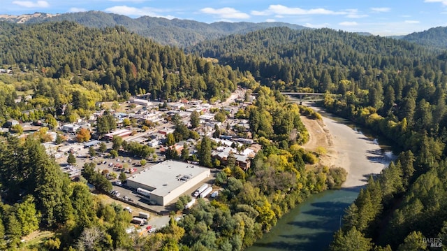 bird's eye view featuring a wooded view and a mountain view