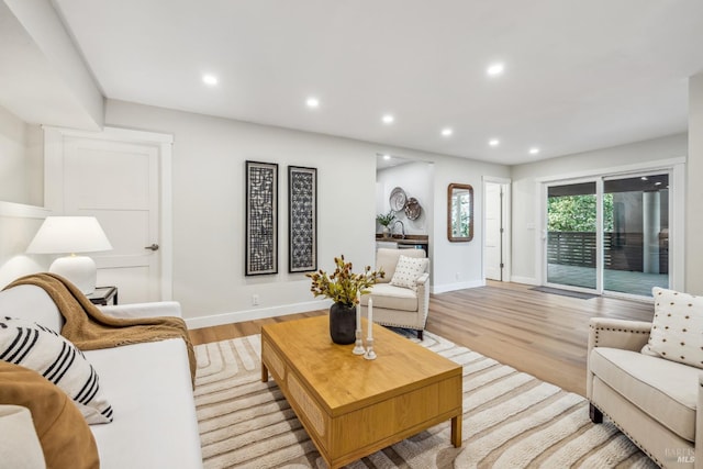 living room featuring light hardwood / wood-style flooring and sink