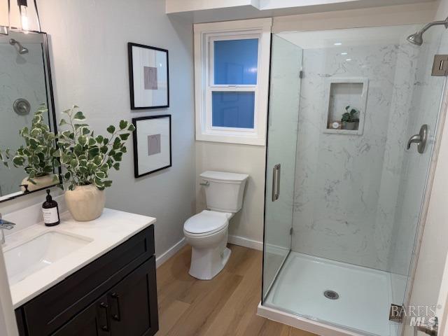 bathroom with a shower, vanity, wood-type flooring, and toilet