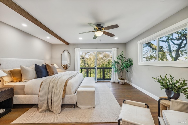 bedroom featuring beam ceiling, access to exterior, ceiling fan, and dark hardwood / wood-style floors