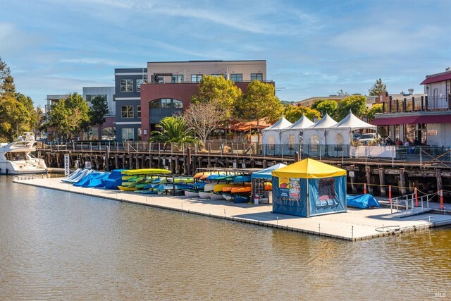 view of dock with a water view