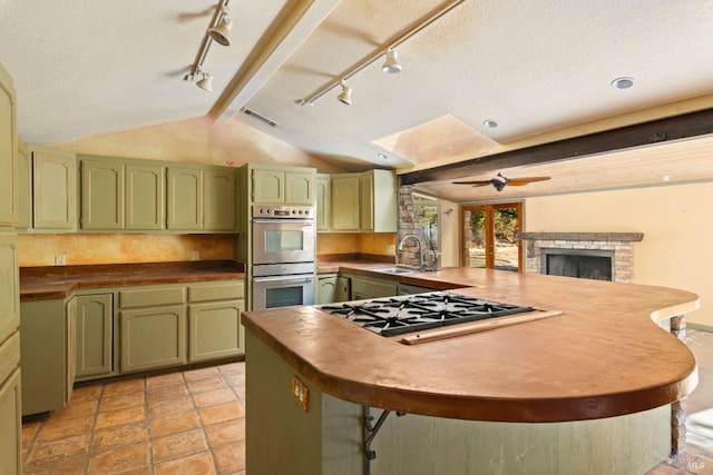 kitchen with kitchen peninsula, appliances with stainless steel finishes, sink, lofted ceiling with skylight, and green cabinetry