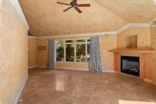 unfurnished living room featuring crown molding, ceiling fan, and vaulted ceiling