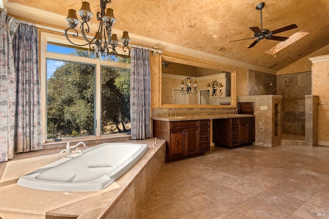 bathroom with vanity, vaulted ceiling, ceiling fan with notable chandelier, and plus walk in shower