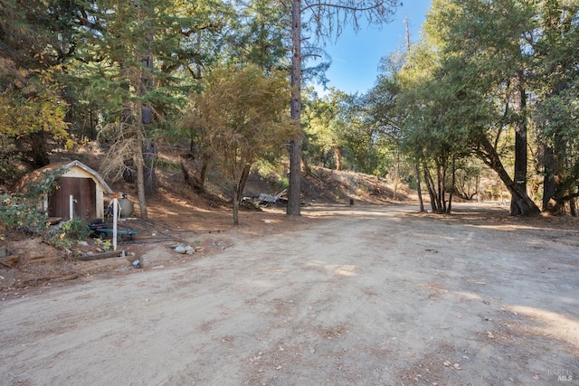 view of yard featuring a storage unit