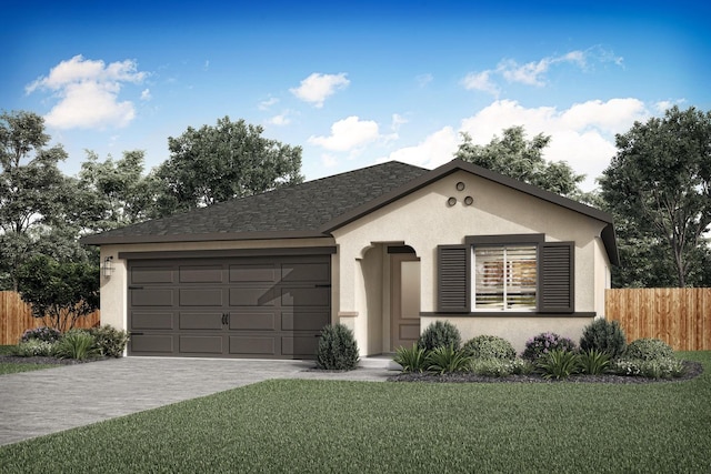 ranch-style house featuring a garage and a front lawn