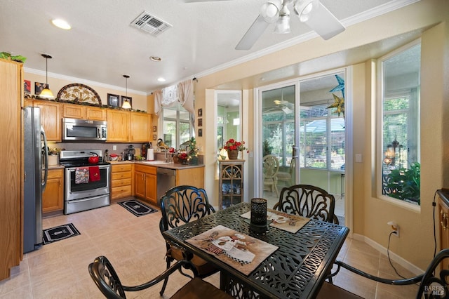 kitchen featuring appliances with stainless steel finishes, hanging light fixtures, and a healthy amount of sunlight