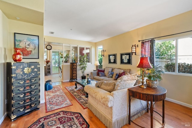 living room with wood-type flooring and a wealth of natural light