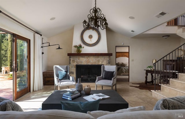 living room featuring a fireplace, lofted ceiling, visible vents, stairway, and a chandelier