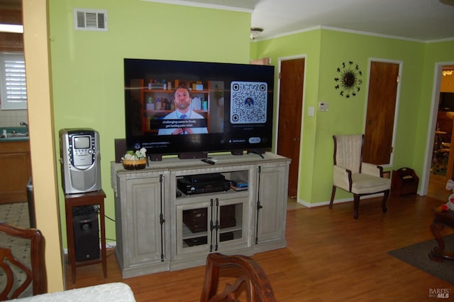 living room featuring crown molding, light wood-type flooring, and sink