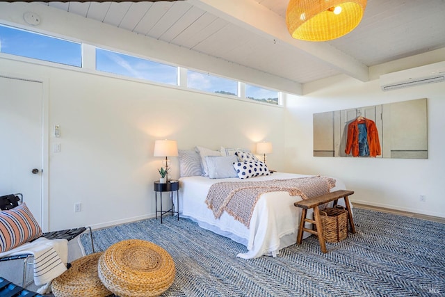 bedroom with beamed ceiling, wooden ceiling, a wall mounted AC, and baseboards