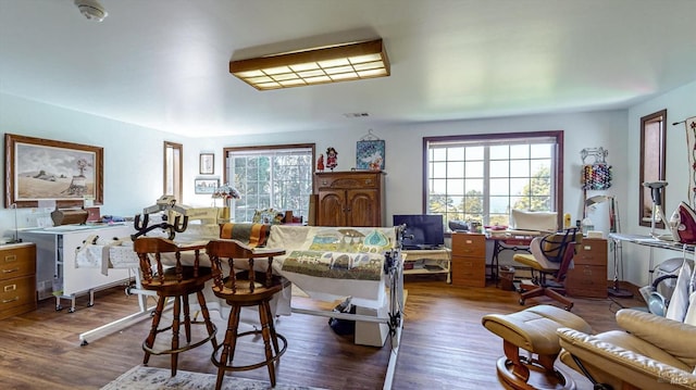 living room with a healthy amount of sunlight and dark hardwood / wood-style flooring