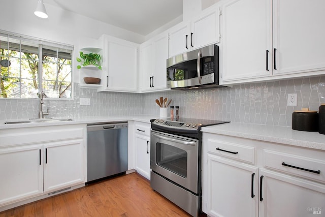 kitchen featuring a sink, white cabinetry, light countertops, appliances with stainless steel finishes, and backsplash