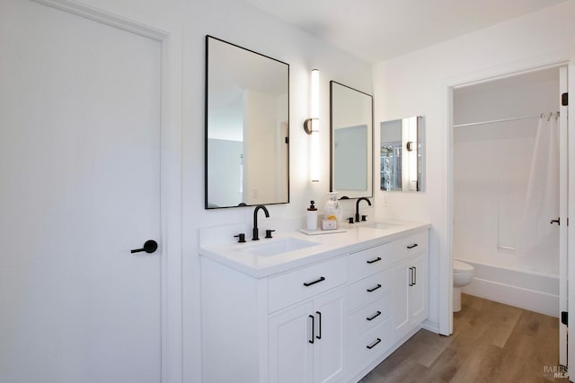 bathroom featuring toilet, double vanity, a sink, and wood finished floors