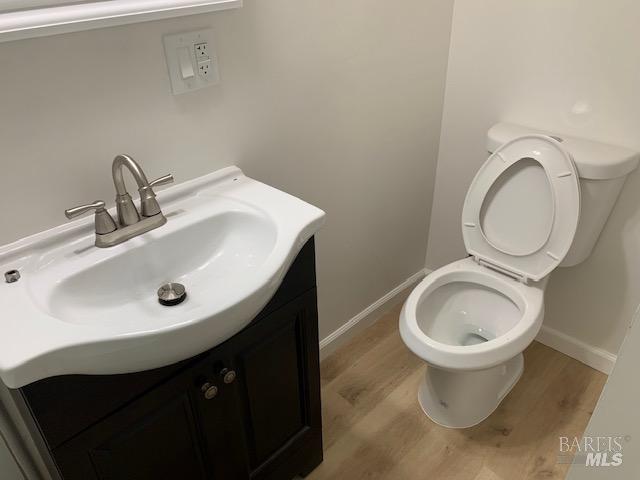 bathroom with vanity, toilet, and wood-type flooring