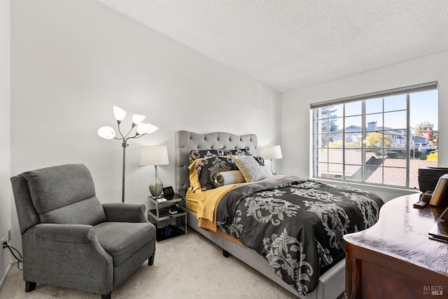 carpeted bedroom with a textured ceiling