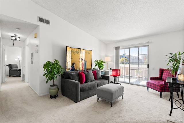 carpeted living room with lofted ceiling and a textured ceiling