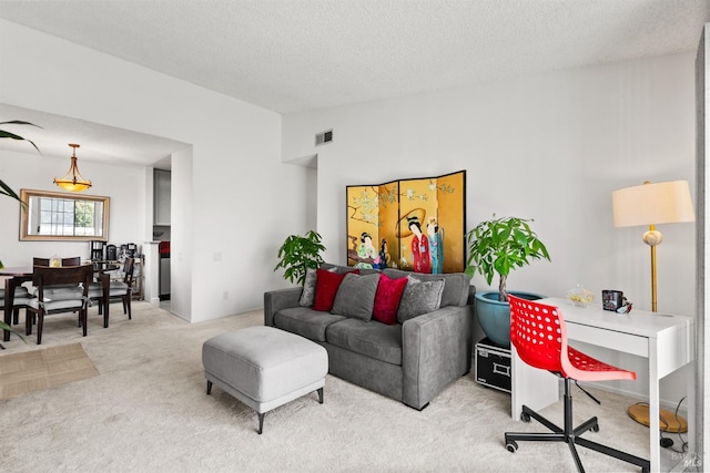 carpeted living room featuring a textured ceiling