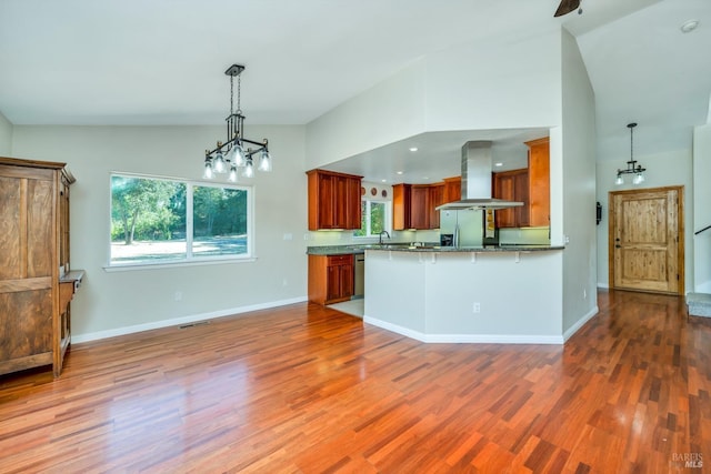 kitchen with dark hardwood / wood-style flooring, island exhaust hood, and stainless steel appliances