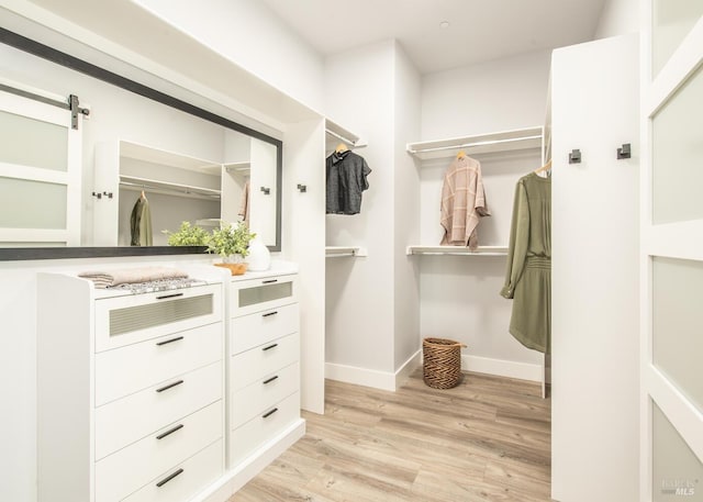 spacious closet featuring a barn door and light hardwood / wood-style floors