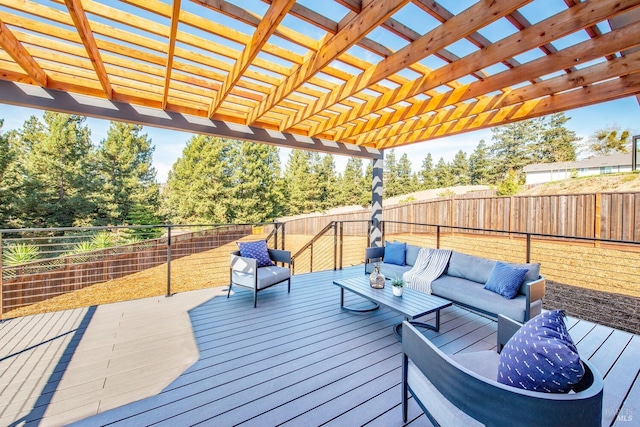 wooden deck with outdoor lounge area and a pergola