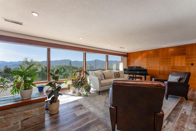 living room featuring a mountain view, wood-type flooring, and a textured ceiling