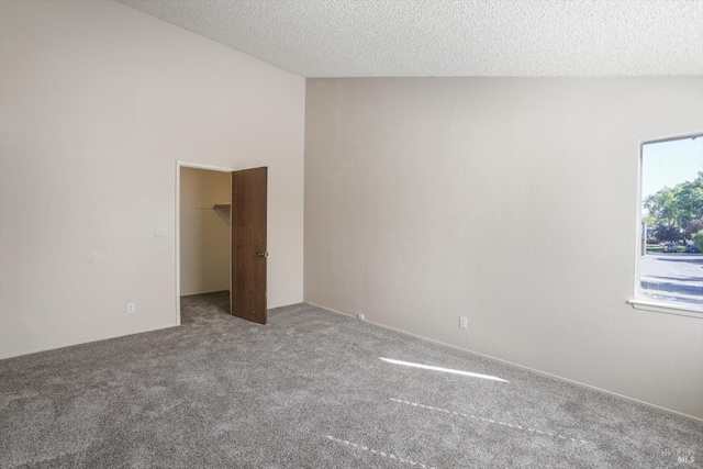 empty room with a textured ceiling, carpet, and vaulted ceiling