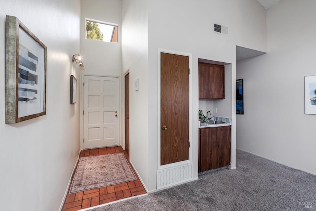 hall featuring carpet, a towering ceiling, and sink