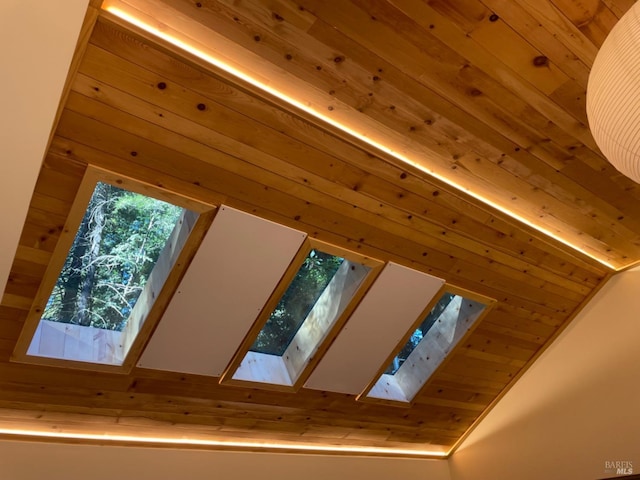 details featuring a skylight and wooden ceiling