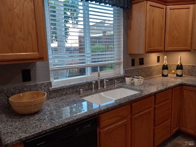 kitchen featuring dishwasher, a healthy amount of sunlight, sink, and stone countertops